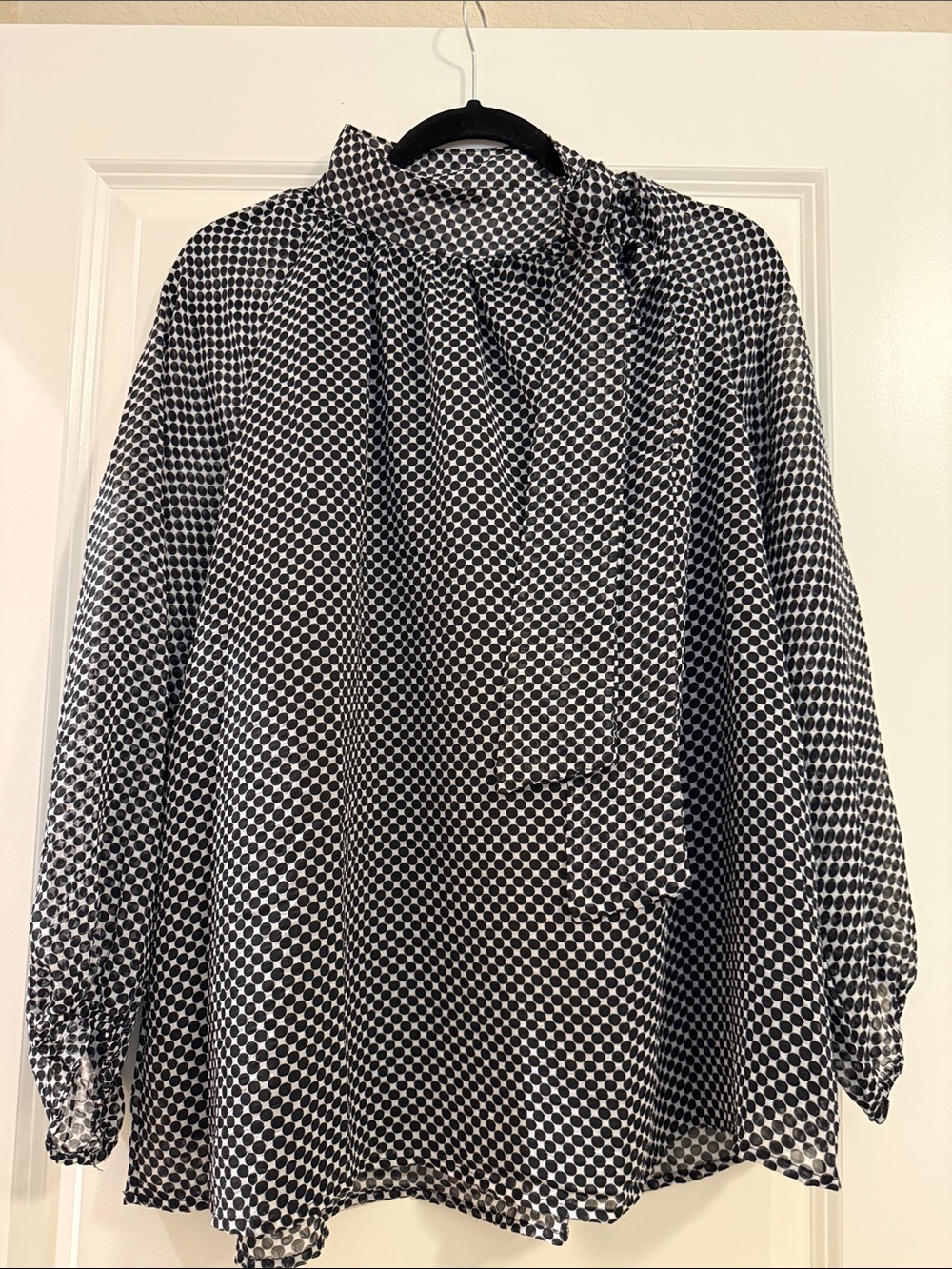 Umgee Black and White Geometric Tie-Neck Blouse